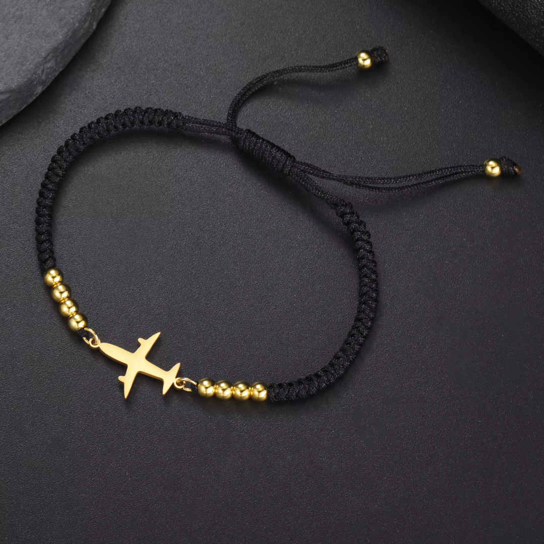 PULSERA - Cuerda Negra Avión Dorado